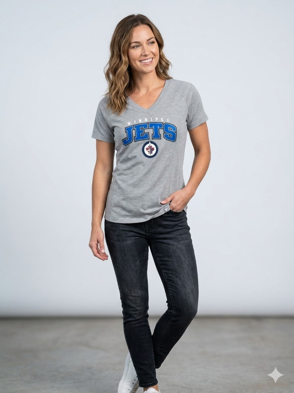 NHL Winnipeg Jets Gray V-Neck Tee with Blue Logo